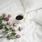 roses, coffee, petal of a rose, romantic, nature, pillows, linen, bed, coffee, linen, bed, bed, bed, bed, bed